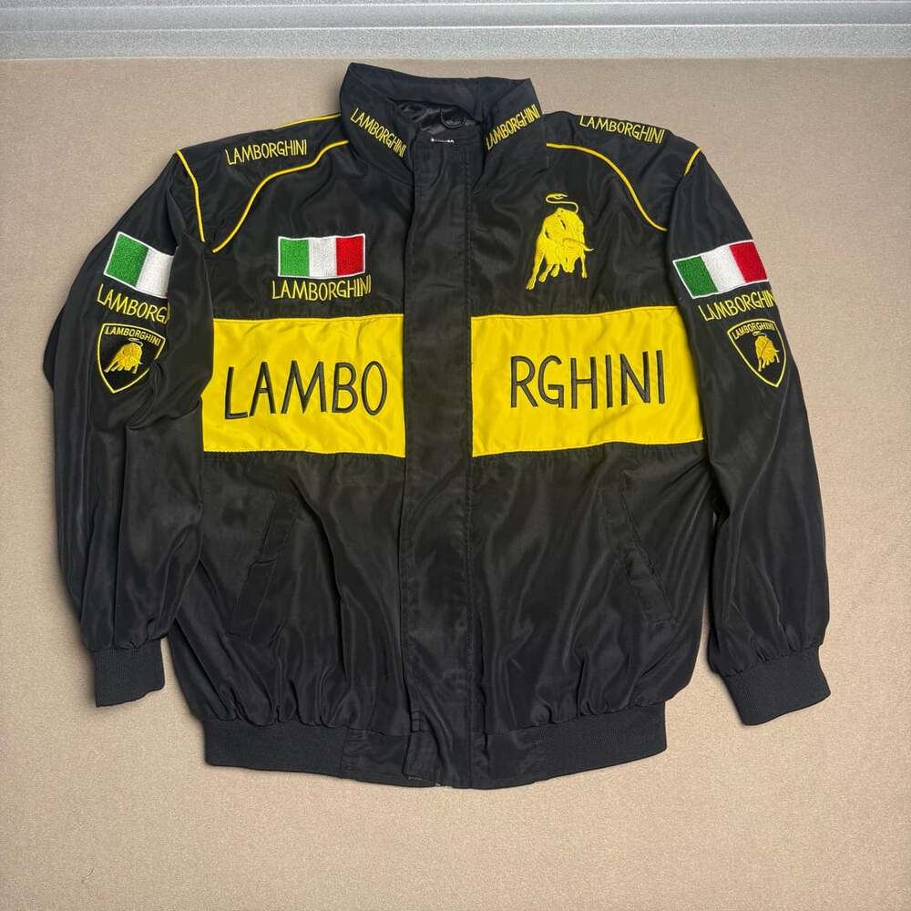 Vintage Lamborghini Embroidered Racing Bomber Jacket Black Yellow